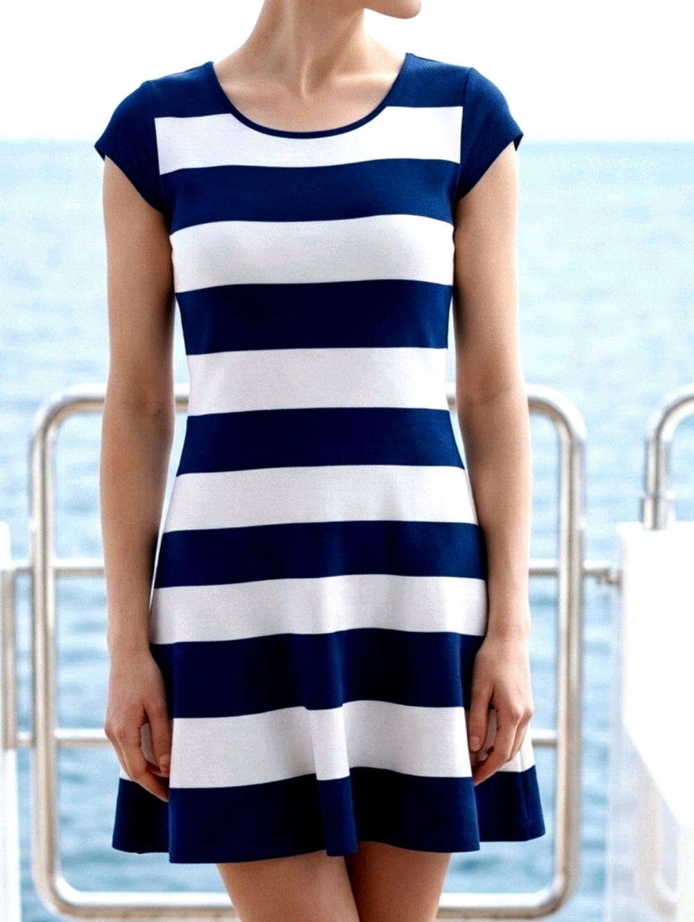 Sewn Panel Nautical Flare Dress Blue White  Boston Proper Sz 10 Back Zip